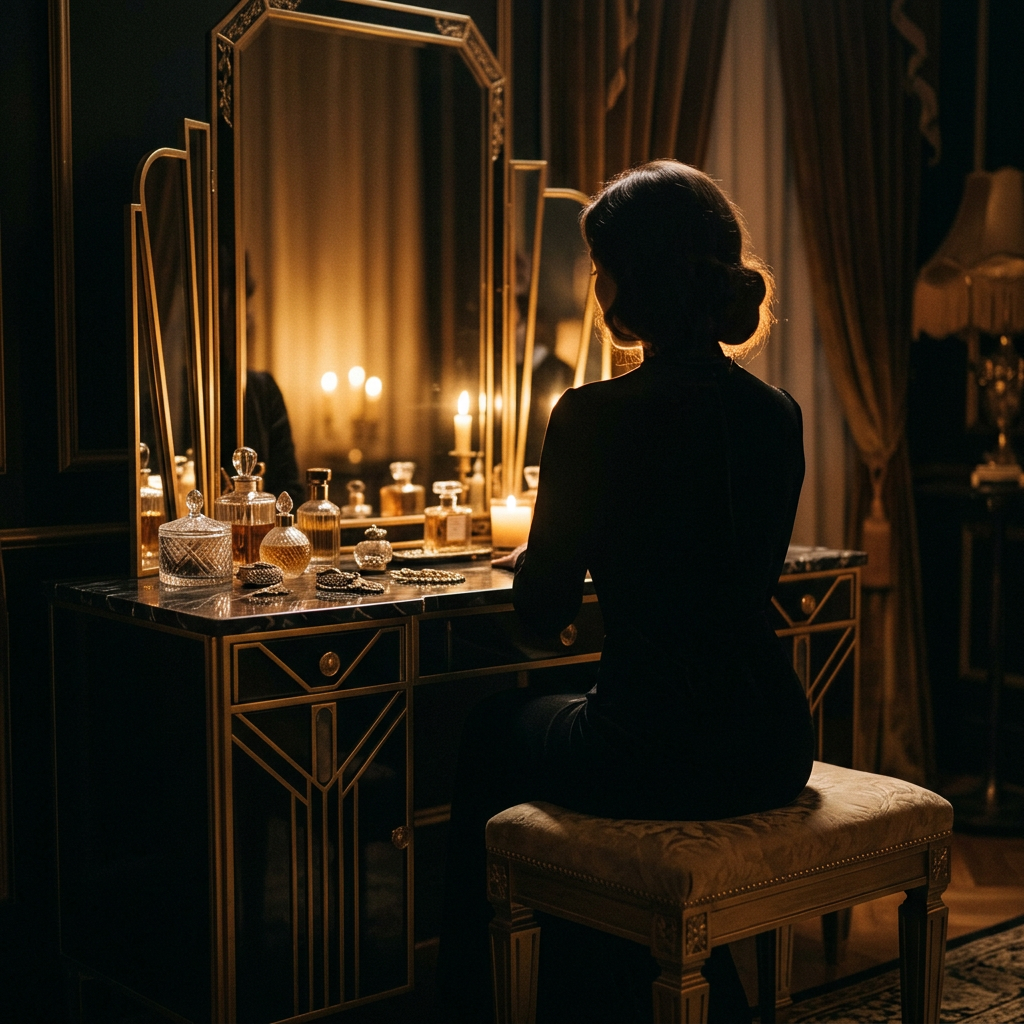 Silhouette d'une femme à sa coiffeuse, ambiance art déco luxe