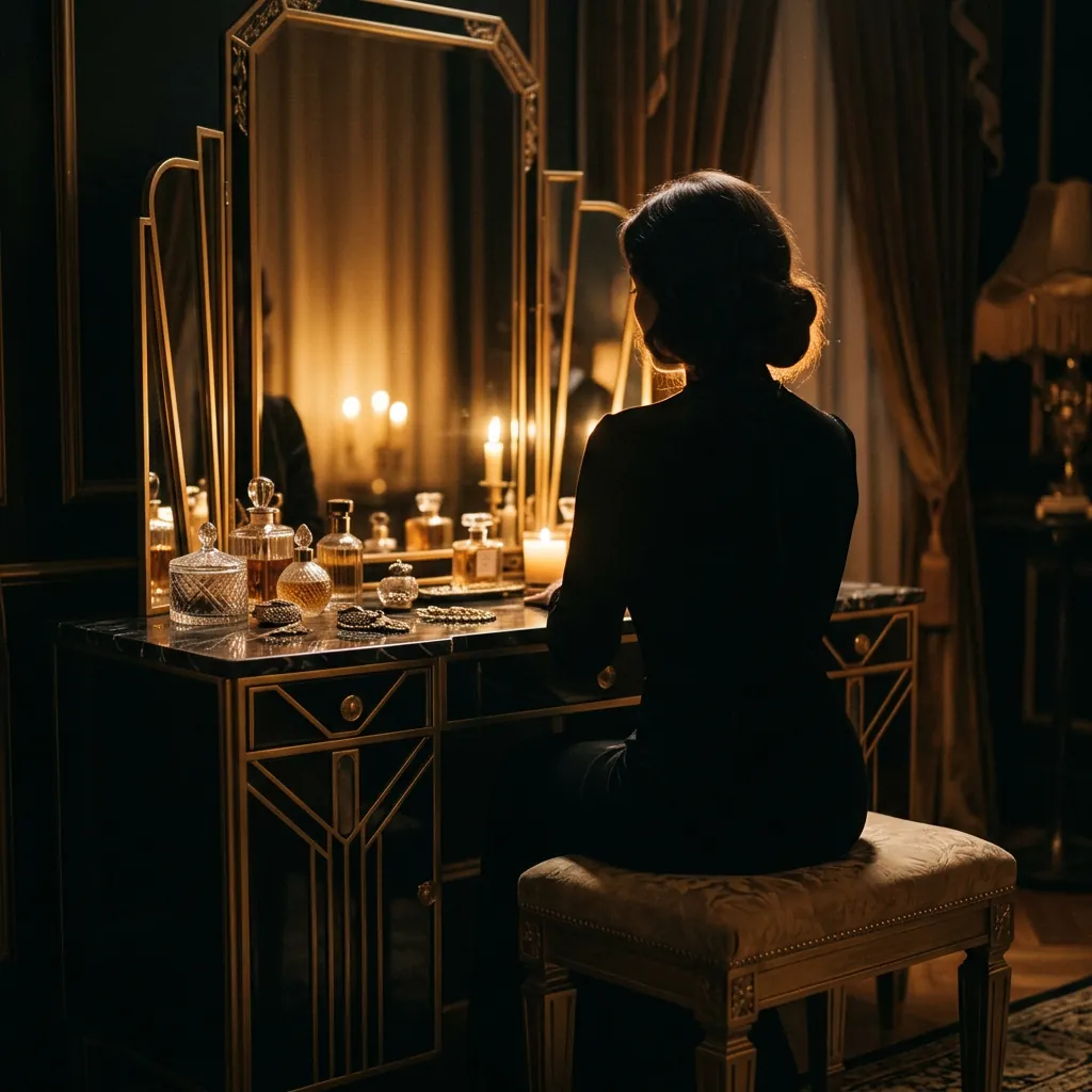 Silhouette d'une femme à sa coiffeuse, ambiance art déco luxe