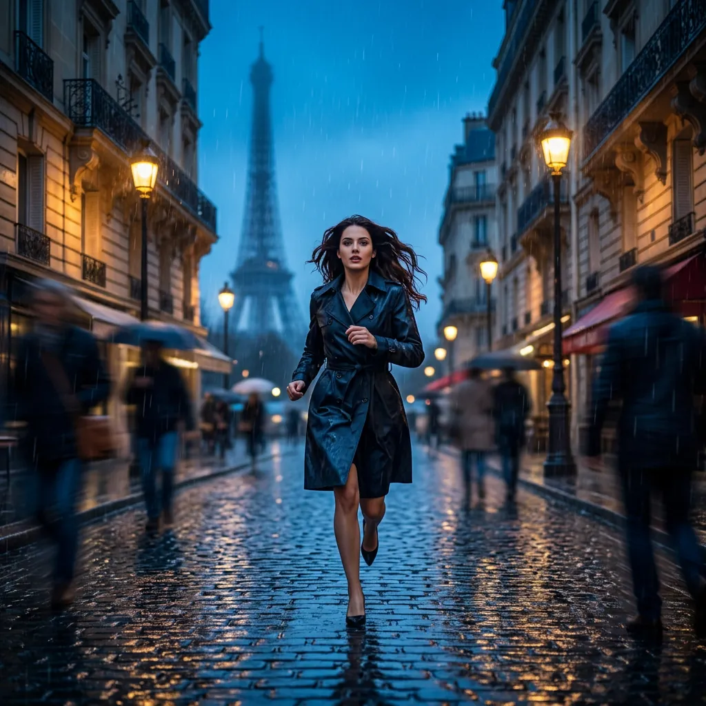 Anonymous woman running through the streets of Paris in the rain, blurred passers-by